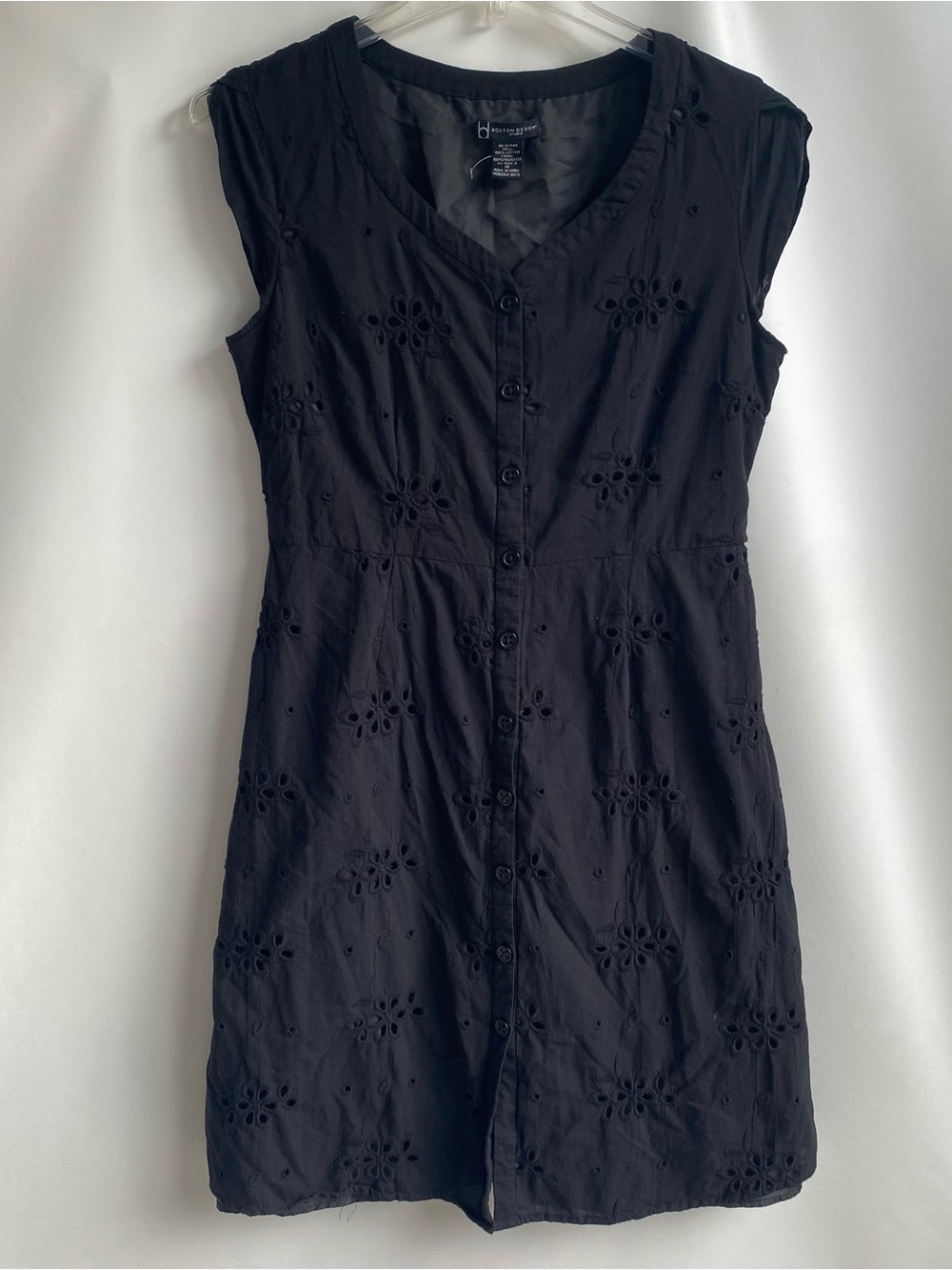 Women’s black cotton casual midi dress 14  eyelet lace preppy cottage minimalist